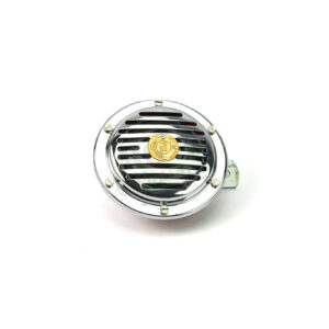 Klakson 6V chrom mřížka (s proužkama, červená záda, se zlatým znakem PAL) Originál JAWA, ČZ