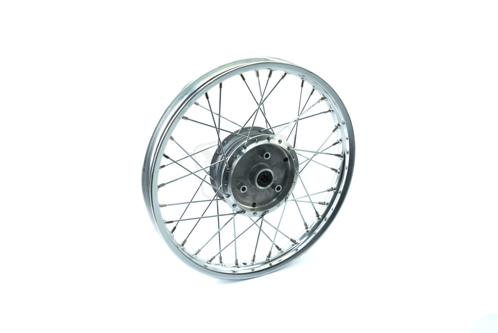 Kolo kompletní (chrom paprsky, nikl nyple, hliníkový ráfek 1,5-16", surový buben s ložisky) s páskem na nyplech Simson Enduro, Elektronik S51